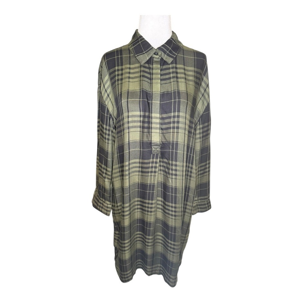 Catherine Malandrino Plaid Shirt Dress‎ Green Black Long Sleeve Button Up Medium
